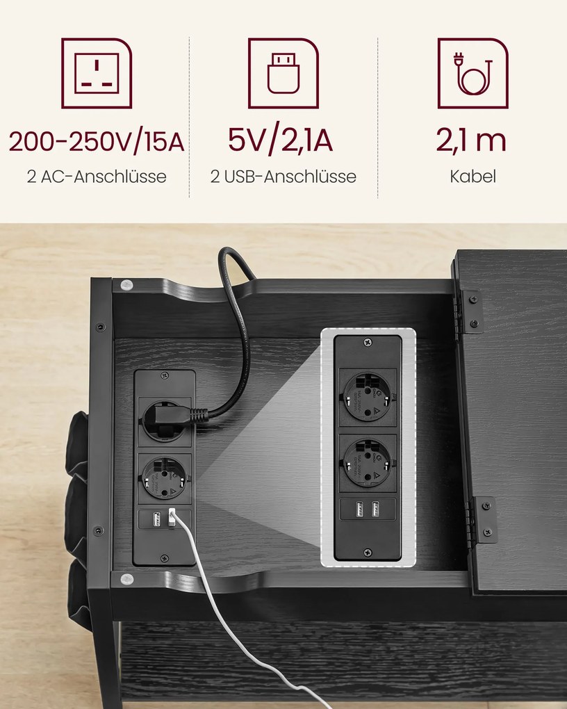 Mesa de apoio com tomada eléctrica e portas USB 60 x 31,5 x 60 cm preta
