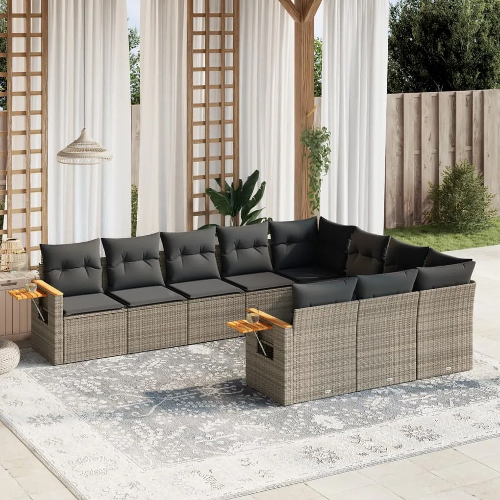 10 pcs conjunto sofás de jardim c/ almofadões vime PE cinzento