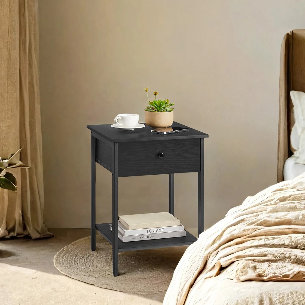 Mesa lateral, mesa cabeçeira com gaveta e prateleira 40 x 40 x 55 cm em preto