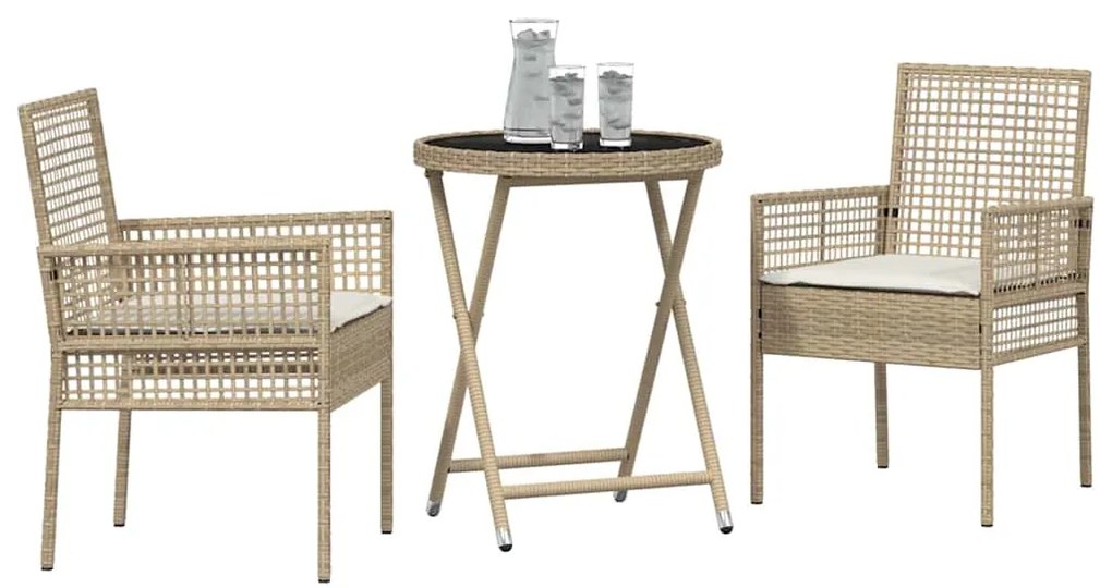 Conjunto de Bistro de Jardim 3 Peças com Almofadas Bege em Rattan Poli