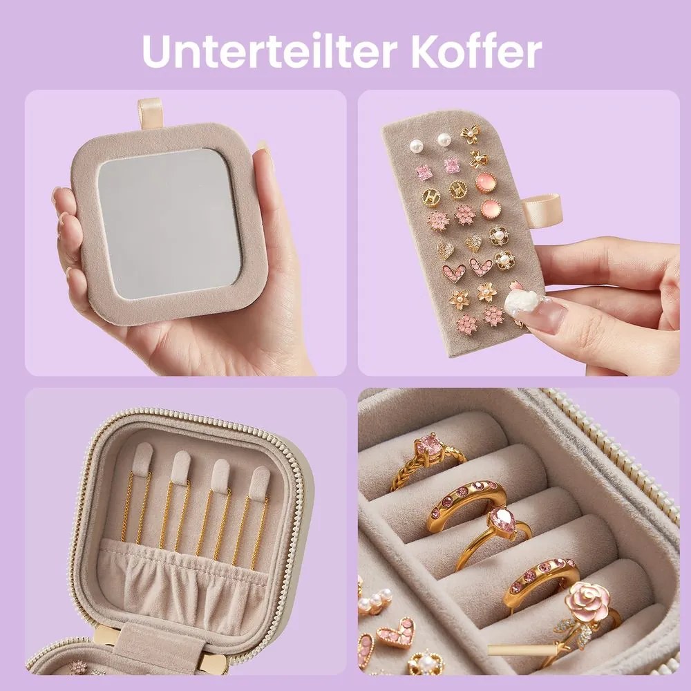 Caixa portátil para joias com espelho, couro PU 10,6 x 10,6 x 6,1 cm branco