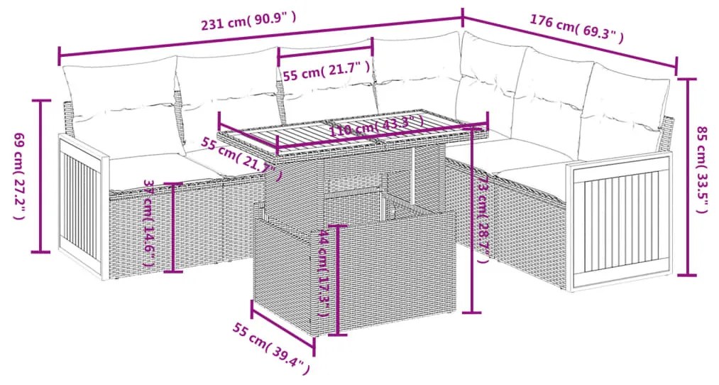 7 pcs conjunto sofás p/ jardim c/ almofadões vime PE cinzento