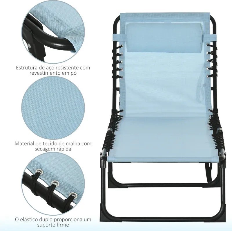 Espreguiçadeira Dobrável com Apoio de Cabeça Reclinável 4 Posições e Estrutura em Aço 189x58x30 cm Azul Claro