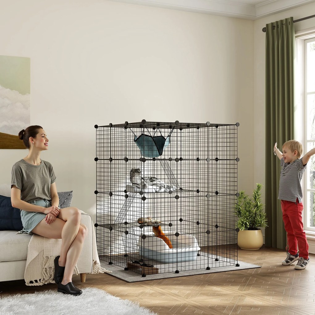 Gaiola Grande para Gatos de Interior 105x105x140 cm com 4 Níveis 5 Portas 3 Plataformas de Salto 3 Rampas e Rede Caixa areia não incluida Preto
