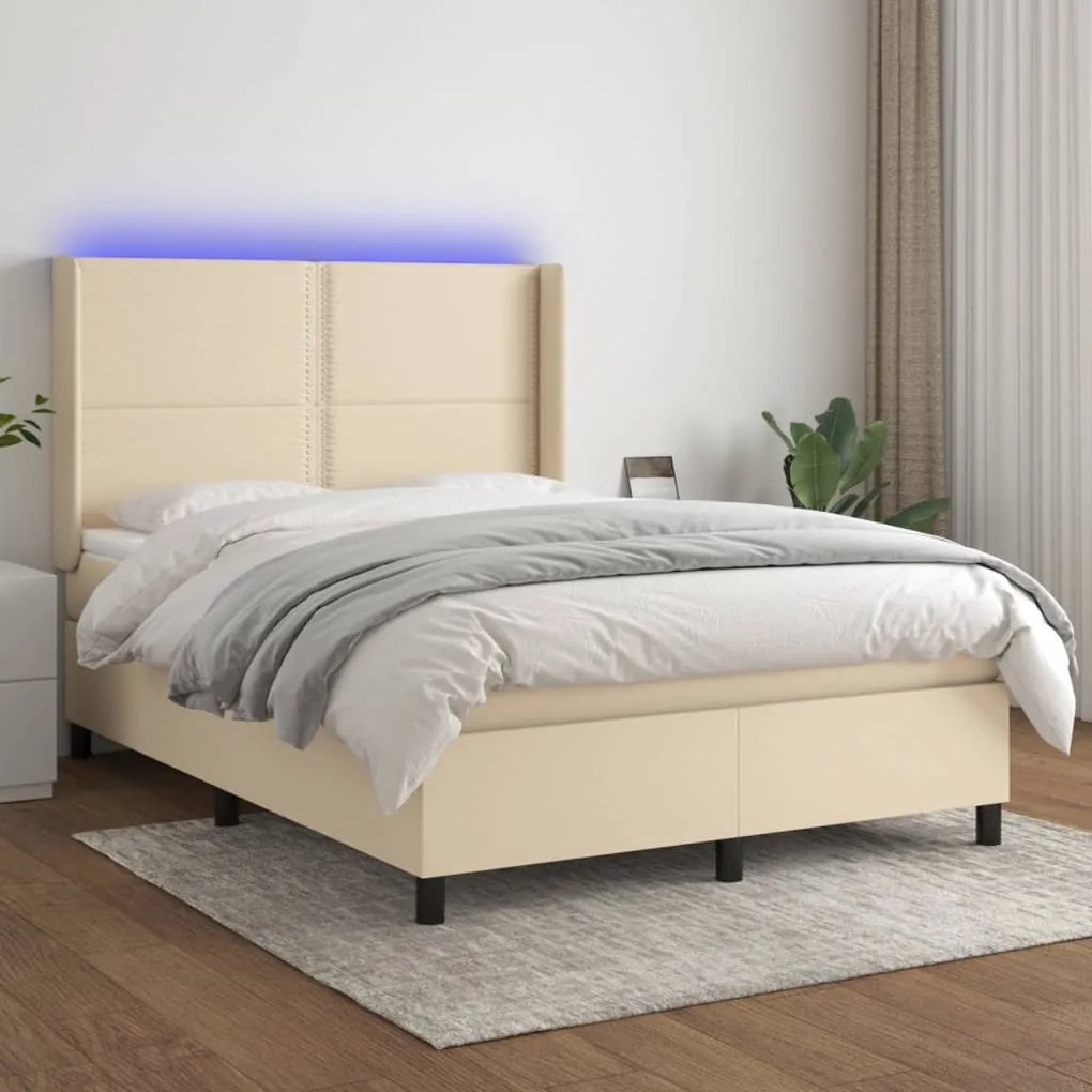 vidaXL Cama box spring c/ colchão e LED 140x190 cm tecido cor creme