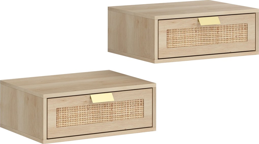 HOMCOM Conjunto de 2 Mesas de Cabeceira Flutuantes com Gaveta de Vime Poupa Espaço Design Moderno 40x30x15 cm Carvalho | Aosom Portugal