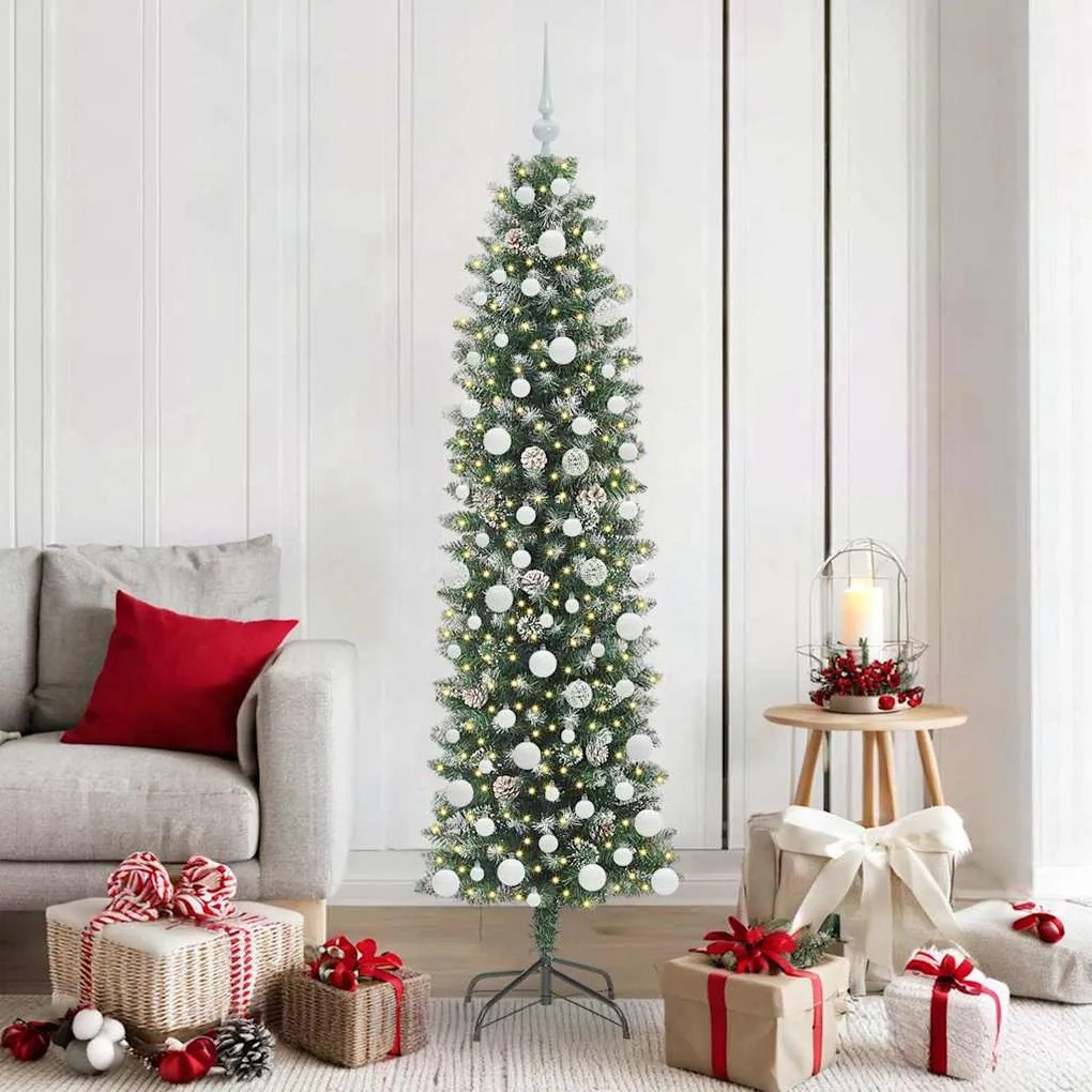 vidaXL Árvore Slim de Natal Artificial Verde e Branco 180 cm