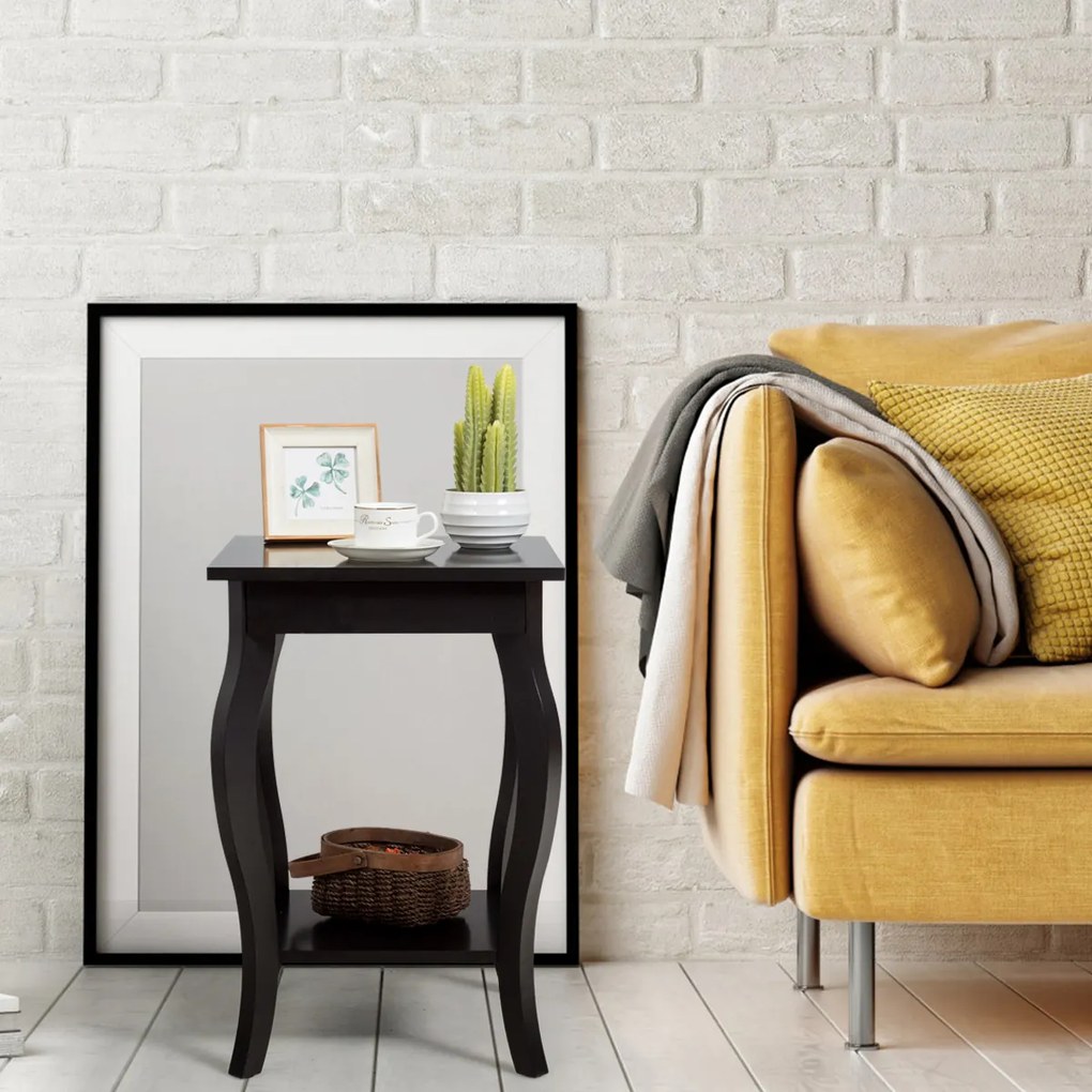 Conjunto de 2 mesas de cabeceira de 2 camadas com pernas curvas para quarto, sala de estar e sala de estar 40 x 40 x 60 cm castanho