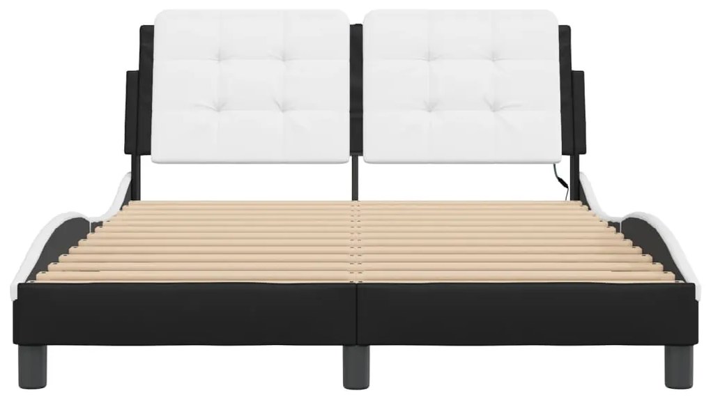 Estrutura cama c/ luzes LED 140x190cm couro artif. preto/branco