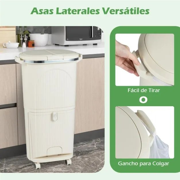 Caixote do lixo de 38 L com duas camadas, 2 caixotes removíveis, pedal e rodas para sala, cozinha e casa de banho, Bege