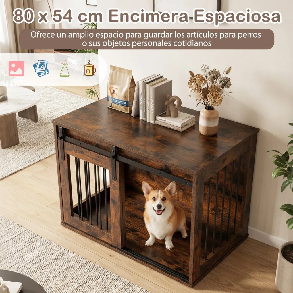 Gaiola para cães com porta de correr 80 x 54 x 57 cm, estilo celeiro, Estrutura metálica com acabamento em madeira, para cães de pequeno e médio porte