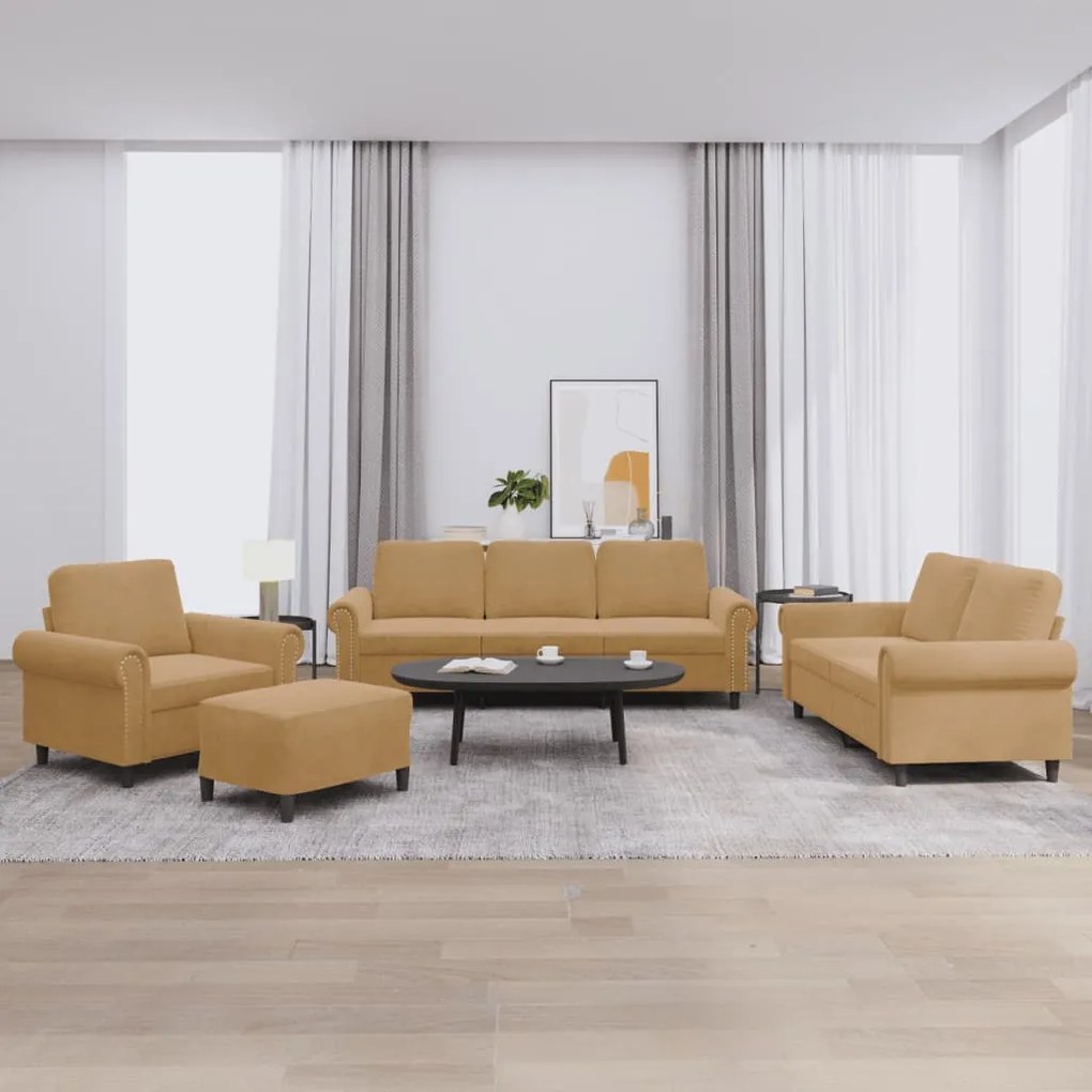4 pcs conjunto de sofás com almofadões veludo castanho