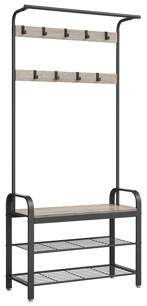 Cabide para casacos, sapateira com assento, cabideiro com 9 ganchos removíveis, banco, 2 prateleiras de grade, 183 cm de altura, design industrial, preto-greige