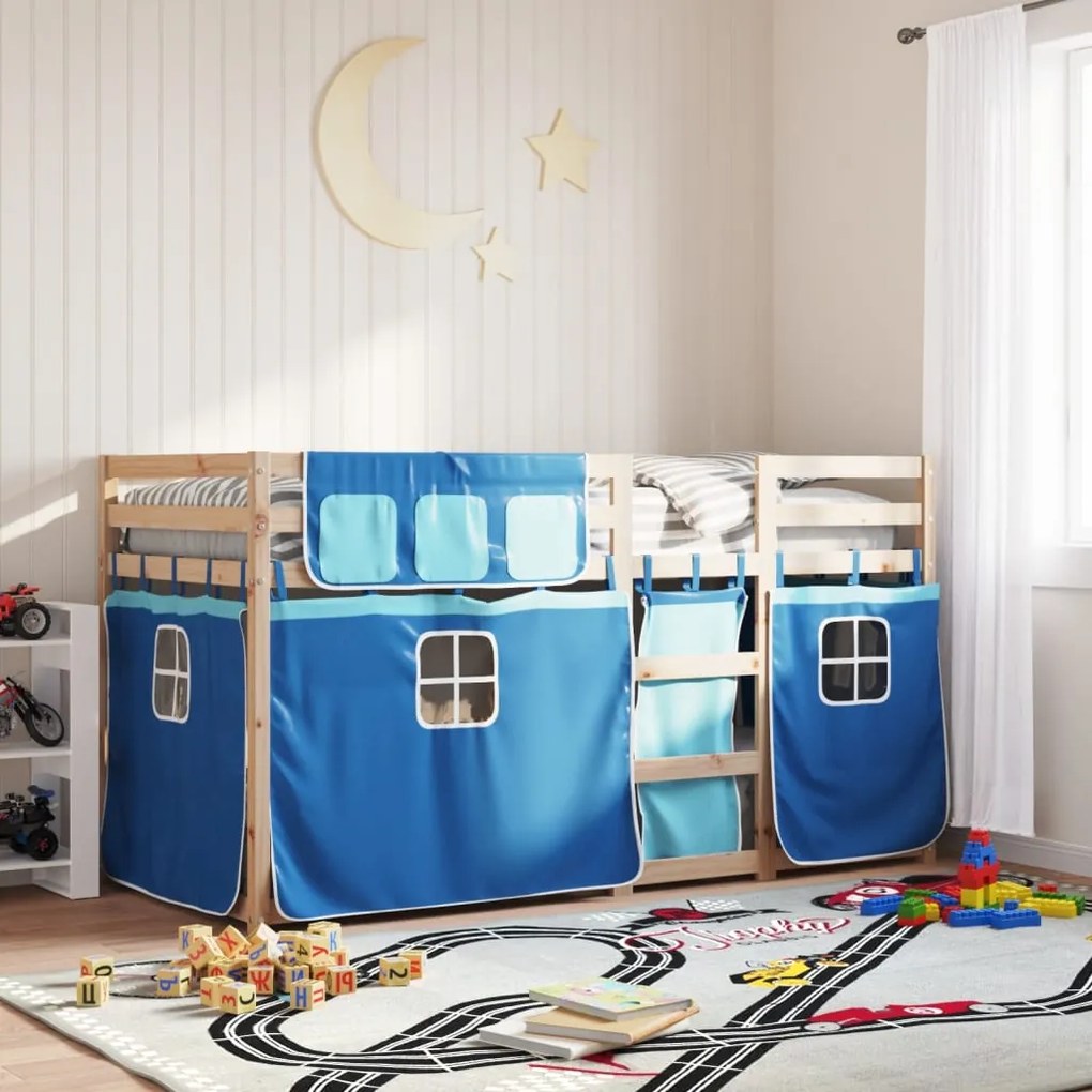 vidaXL Beliche com cortinas 90x190 cm madeira de pinho maciça azul