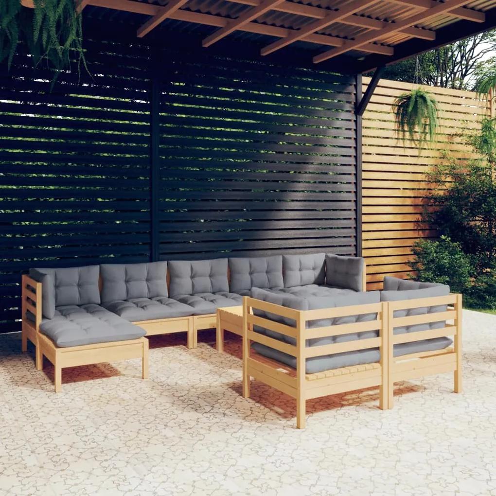 10pcs conjunto lounge de jardim + almofadões cinza pinho maciço