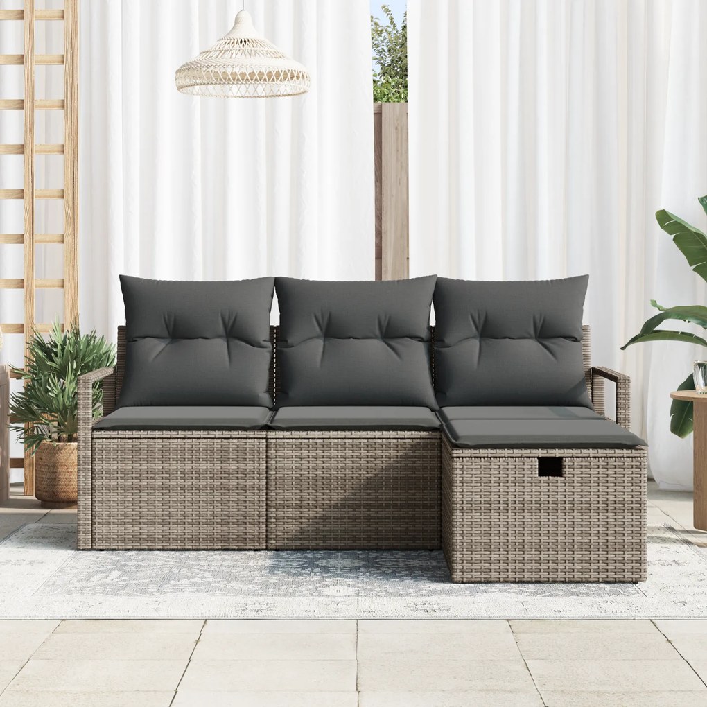 Conjunto de Sofá de Jardim vidaXL 4 Peças com Almofadas Cinza Rattan P