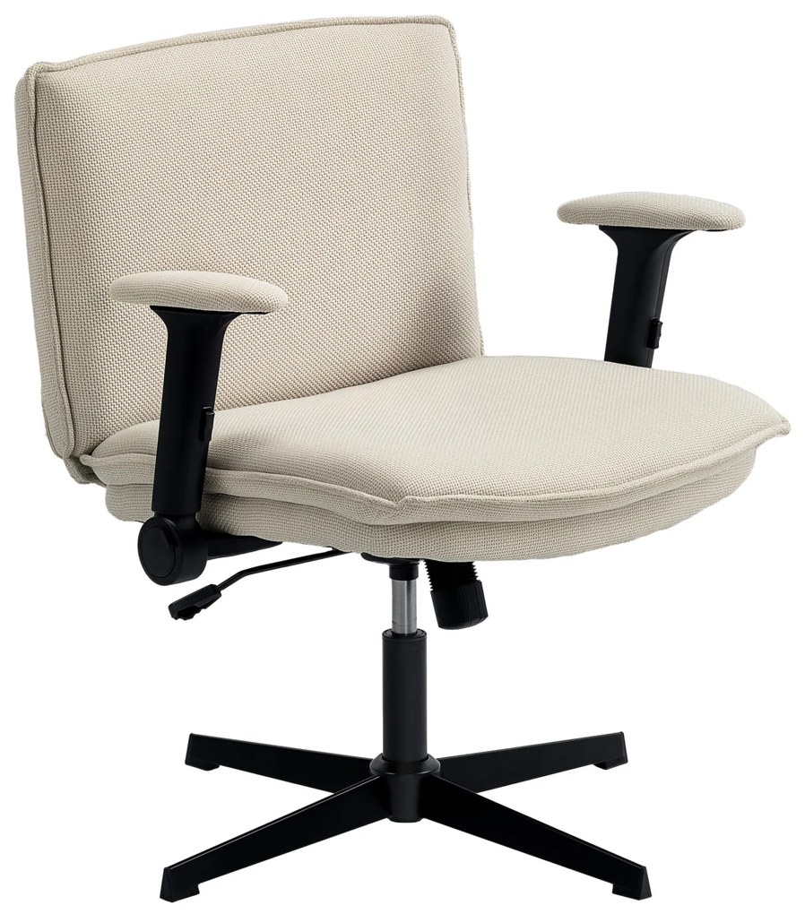 HOMCOM Cadeira de Escritório Cadeira de Secretária com Apoios de Braço Rebatíveis Assento Largo sem Rodas Altura Ajustável Giratória Função Basculante e Estofada em Linho 76x70x85-97 cm Creme