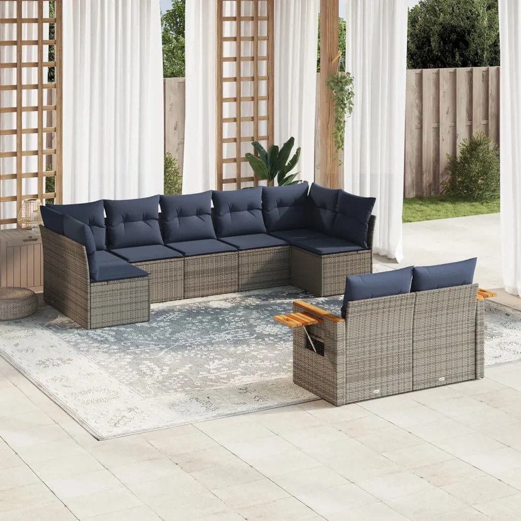 9 pcs conjunto sofás p/ jardim c/ almofadões vime PE cinzento