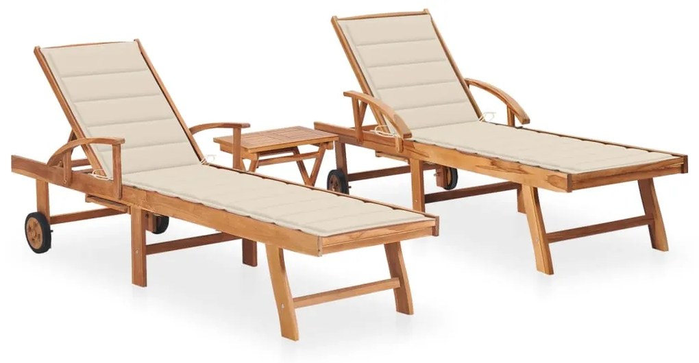 vidaXL Espreguiçadeiras com mesa e almofadão 2 pcs teca maciça
