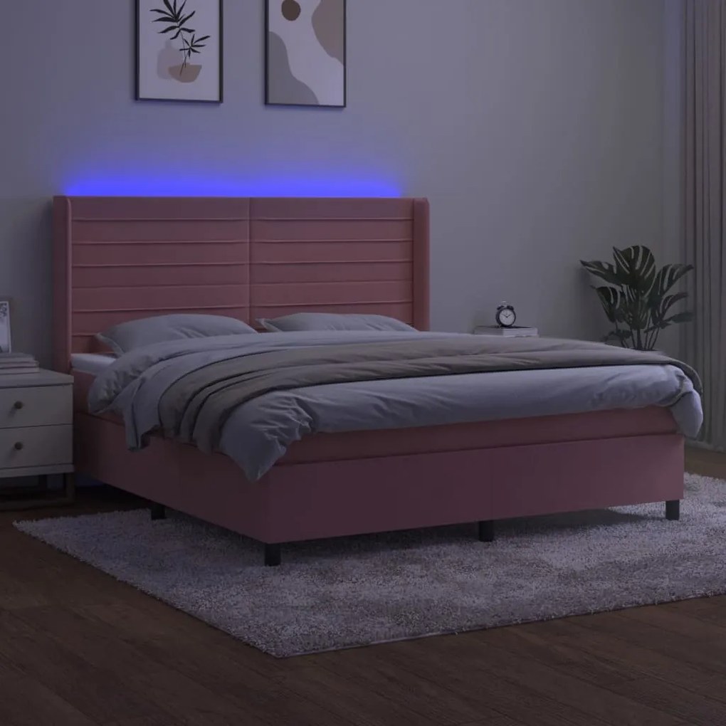 Cama box spring c/ colchão/LED 160x200 cm veludo rosa