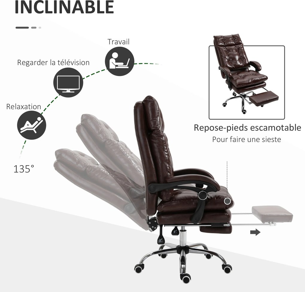 Cadeira de escritório ergonómica com altura ajustável, encosto reclinável e apoio para os pés retrátil, castanha