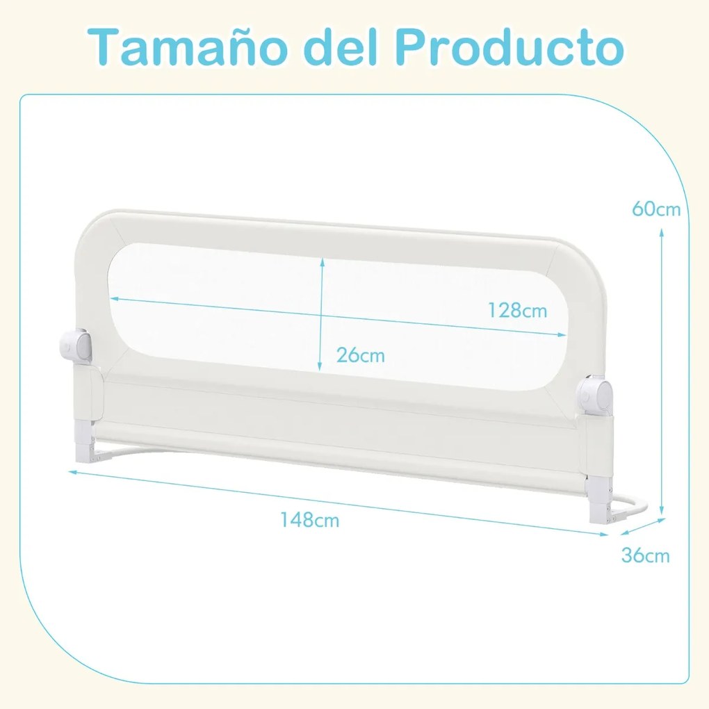 Barreira segurança dobrável para camas infantis, ajustável 148 x 36 x 60 cm (C x L x A), com capa removível em tecido Oxford, base em U, com correia e