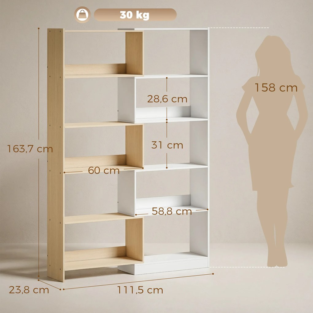 Estante Expansível 5 Níveis Estante para Livros Giratória 350° Largura Ajustável Convertível em L Reta ou Compacta 111,5x23,8x163,7 cm Madeira e Branc