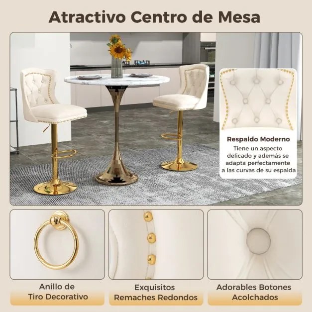 Conjunto de 2 bancos de bar estilo holandês em veludo com apoio para os pés Base metálica giratórios ajustável Branco e dourado