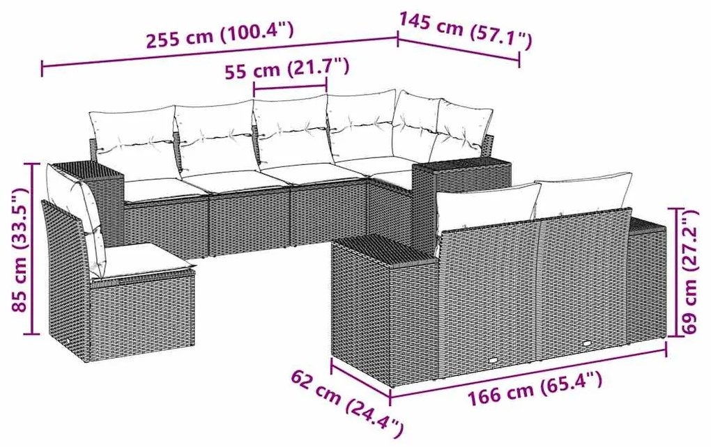 8 pcs conj. sofás jardim c/ almofadões vime PE cinzento-claro