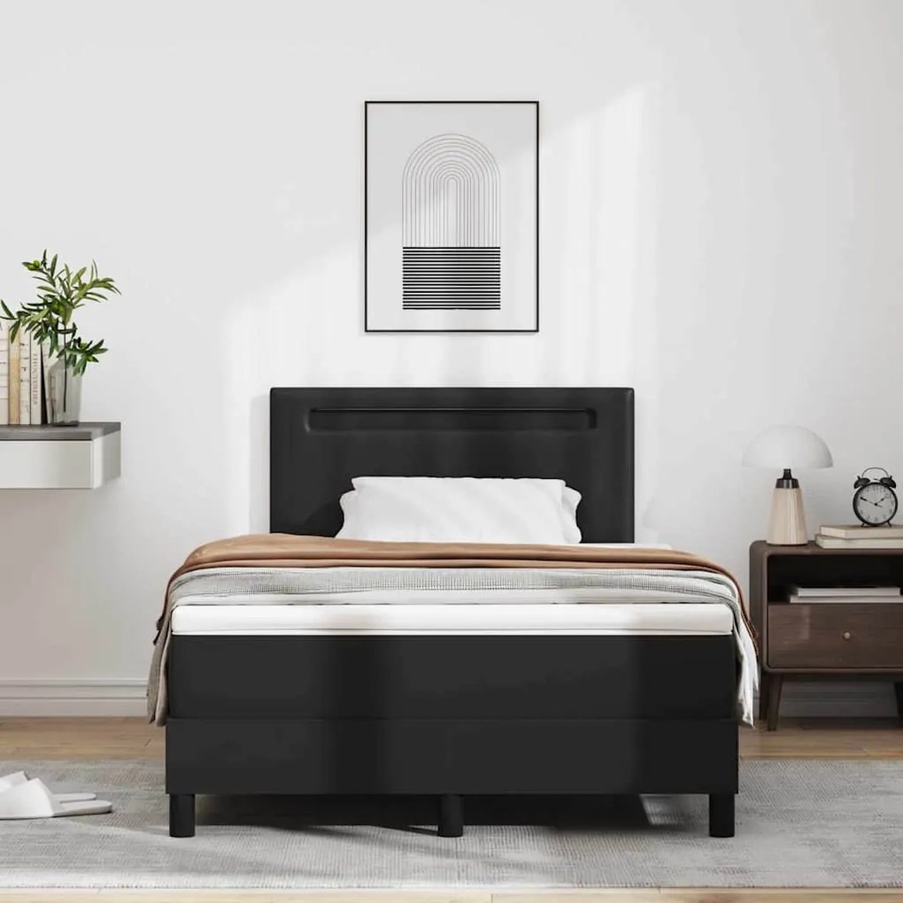 Cama Box com Colchão Preta, 120x200 cm, em Couro Sintético