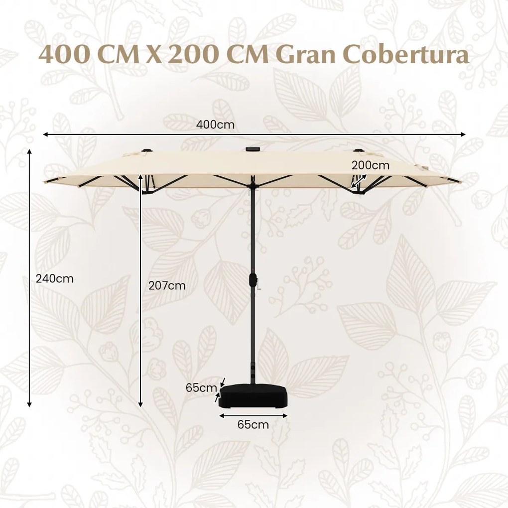 Guarda-sol de jardim Duplo 4 x 2 m com luzes solares, manivela com base Bege