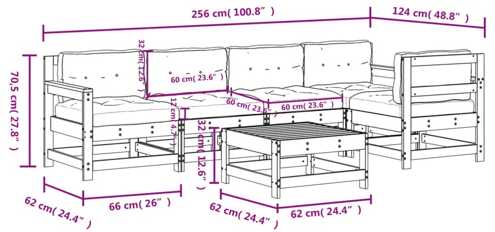 6 pcs conjunto lounge jardim com almofadões madeira maciça
