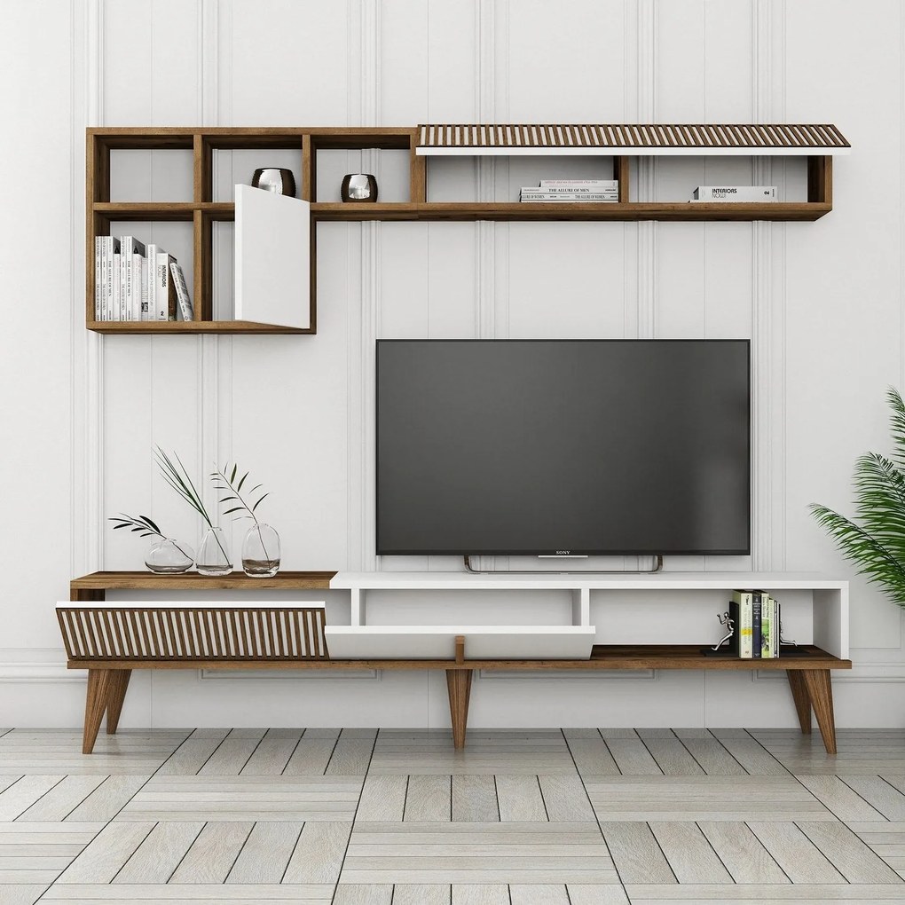 Conjunto de Móveis de Sala de Estar MilanSet481 – Nogueira/Branco – TV