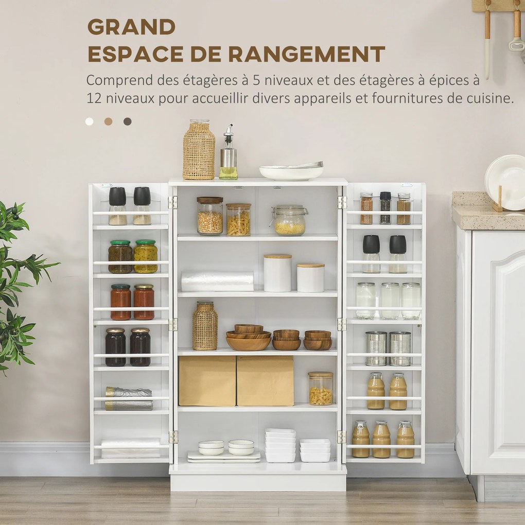 Armário de cozinha para despensa com 2 portas, 5 prateleiras e 12 suportes para especiarias - 60 x 30 x 104 cm - branco