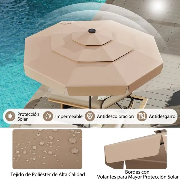 Guarda-sol solar de 300 cm com 32 luzes LED, parte superior ventilada com 3 níveis e ajuste de inclinação - castanho