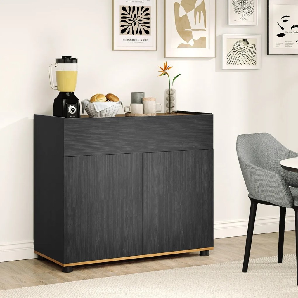 Aparador, armário de Cozinha 80 × 35 × 70 cm com arrumação em madeira com 1 gaveta e 2 portas Credenza estilo moderno rústico Preto