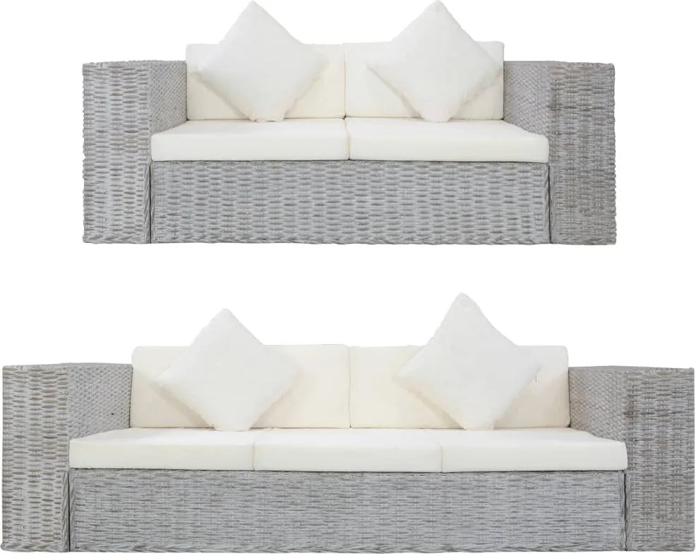 2 pcs conjunto de sofás com almofadões vime natural cinzento