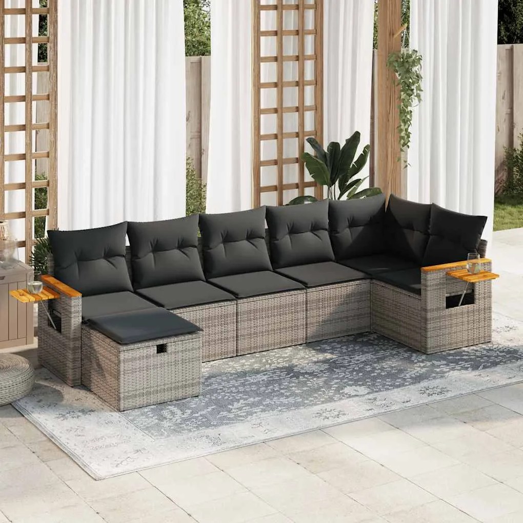 7 pcs conjunto sofás p/ jardim c/ almofadões vime PE cinzento