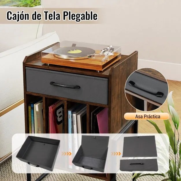 Móvel para gira-discos 45 x 32,5 x 68,5 cm com gaveta em tecido e prateleiras abertas em metal para discos de vinil; ideal para sala de estar, quarto