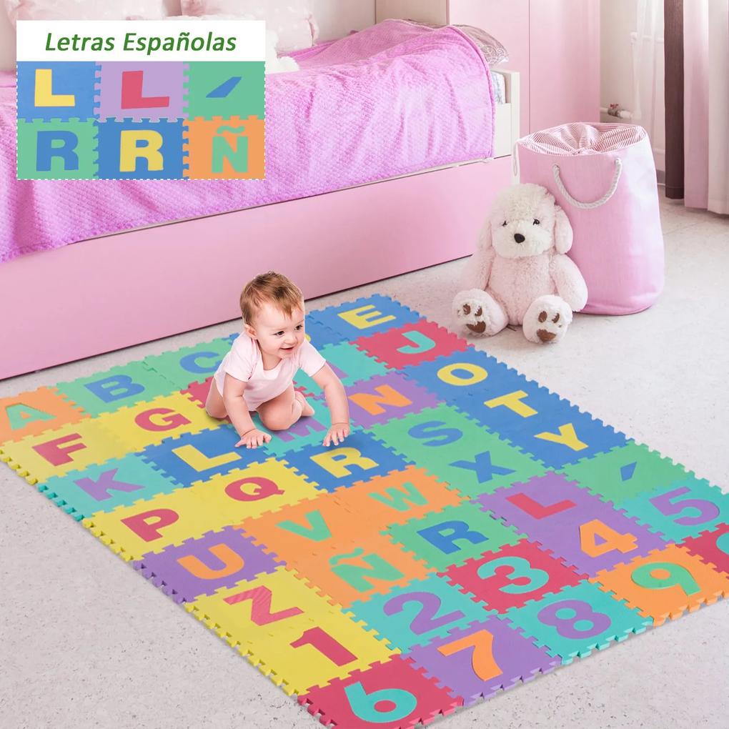 HOMCOM Tapete puzzle para Crianças 3,6 m2 Letras do Alfabeto e Números 0-9 Borracha Espuma EVA Lavável, Resistente à humidade