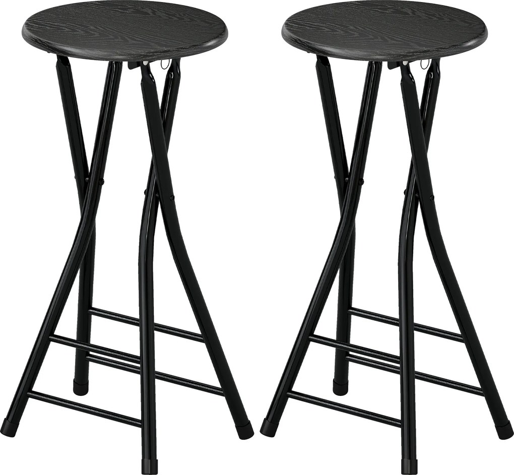 Conjunto de 2 bancos de bar dobráveis, bancos de bar redondos com apoio duplo para os pés, estrutura em aço, preto