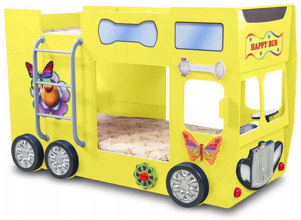 Cama para criança Beliche Autocarro 207 x 116 x 150 cm com Luzes LED 2 colchões e estrados incluídos, capacidade de 100 kg Amarelo