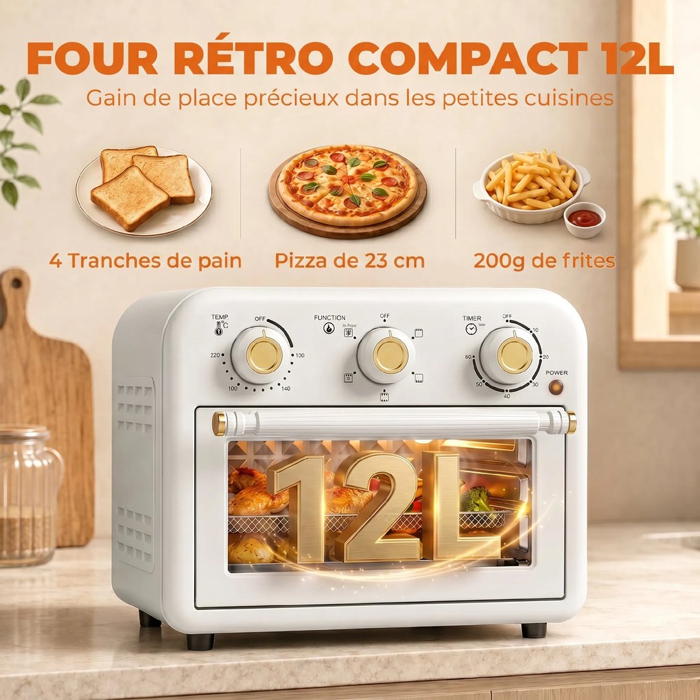 Forno e Fritadeira de Ar Quente, 34,2 x 32 x 28,2 cm, Capacidade de 12 L, Creme