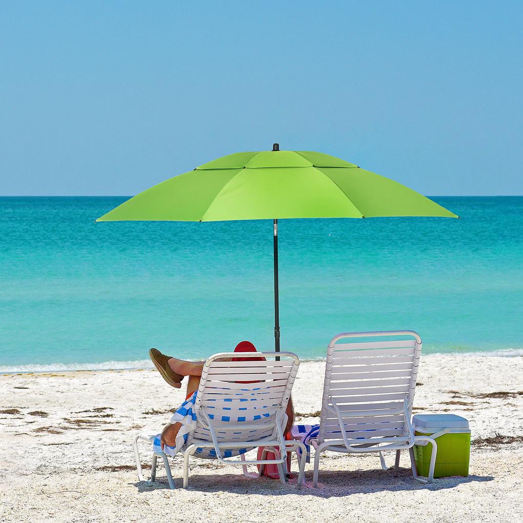 Chapéu de Sol de Praia com Teto Duplo Ângulo Ajustável Proteção UV30+8 Varas de Aço e Bolsa de Transporte Ø185x205 cm Verde