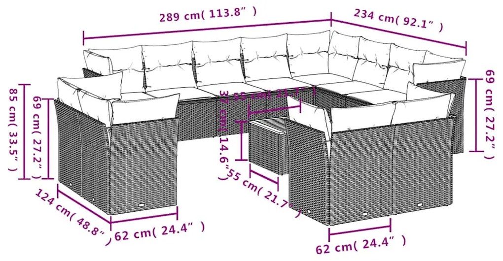 13 pcs conjunto sofás p/ jardim c/ almofadões vime PE cinzento