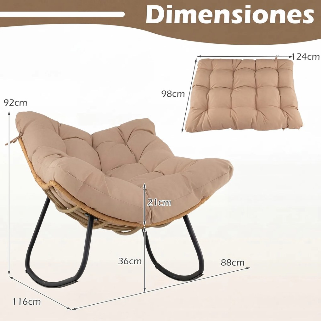 Cadeira de baloiço em forma de ovo para exterior, em rattan PE com almofada removível, estrutura metálica, oscilação de 25°, travões anti-capotamento,