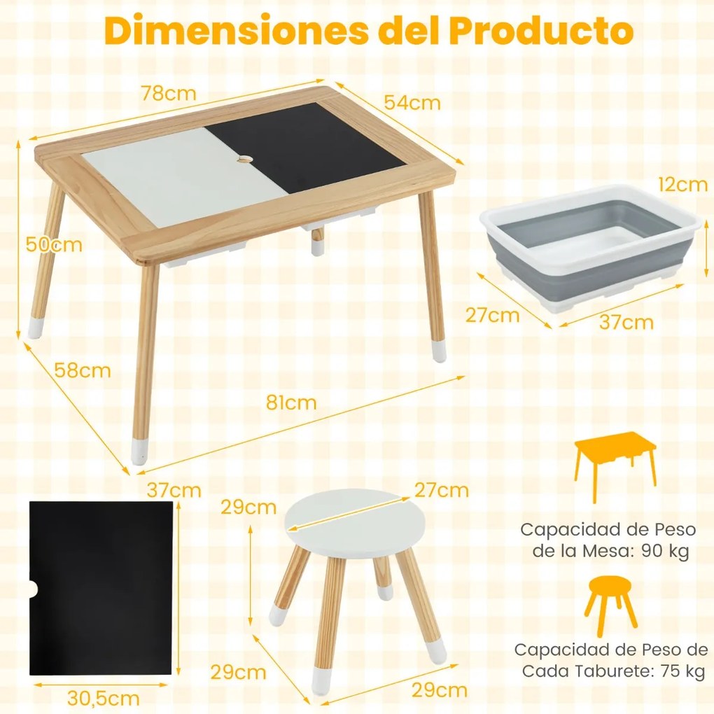 Mesa para crianças sensorial com bancos, superfícies duplas e caixas de armazenamento, natural e preto e branco