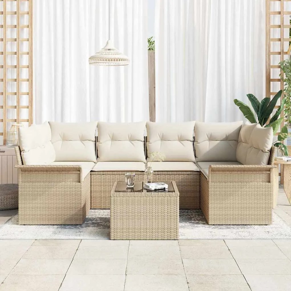 Conjunto de Sofá de Jardim 7 Peças com Almofadas Beje em Rattan Sintét