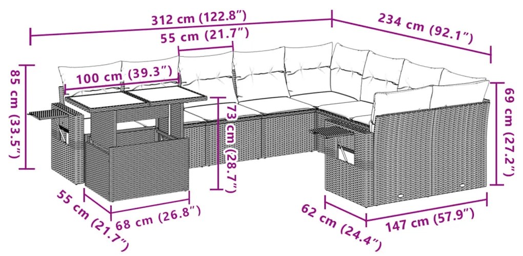 10 pcs conjunto de sofás p/ jardim com almofadões vime PE bege