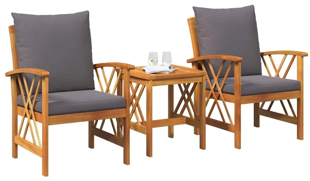 Conjunto de Lounges de Jardim em 3 Peças com Almofadas em Madeira de A